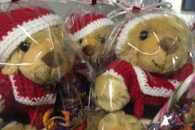 The teddies with their Christmas crochet coats and hats. Photo: Devon Freewheelers