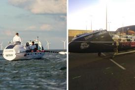 The Force Genesis boat on the water before it received its race wrap, left, and shortly after its arrival in La Gomera, right. Photos: Penny Bird/Team Genesis