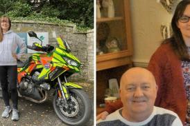 Kelly Lawson is seen here in happier times with her dad, David Meyer. Kelly, pictured with a blood bike, founded Challenge 62 to raise funds for Devon Freewheelers to celebrate the life of her of her dad, who died from Covid-19.