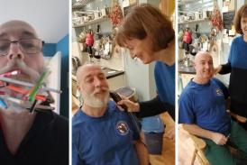 Stephen's 'Kerplunk' beard (left) and after the shave, with his wife, Tracey (right). 
