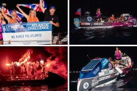 Photos show Force Genesis as the team crosses the Talisker Whisky Atlantic Challenge finish line, and the celebrations as they dock. Photos with permission: Atlantic Campaigns.