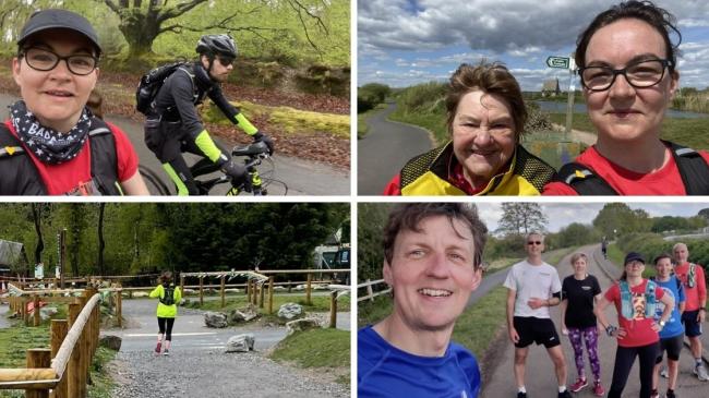 Clockwise, top: Kelly and son Owen; Kelly with Anne Owens; friends and family - sister, Danni, Chris, Liz Henry and Paul; Kelly setting off on leg two of her run.