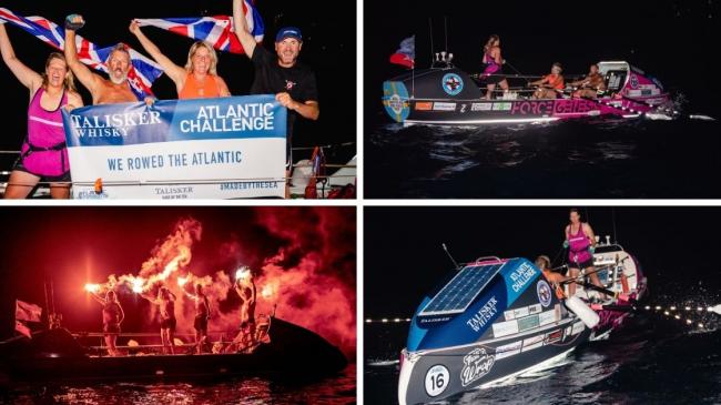 Photos show Force Genesis as the team crosses the Talisker Whisky Atlantic Challenge finish line, and the celebrations as they dock. Photos with permission: Atlantic Campaigns.